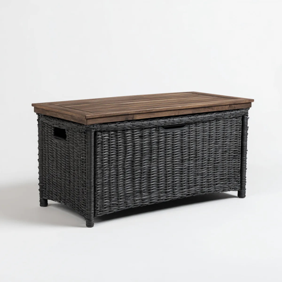 Baule contenitore rettangolare nero e marrone 100 x 50 x 50 cm in rattan PE e legno massello di acacia