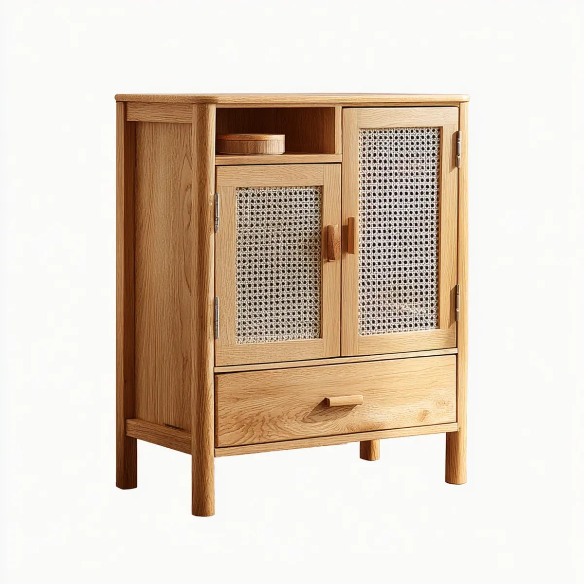 Credenza contenitore in rovere naturale con ante in rattan 80 x 40 x 120 cm rettangolare