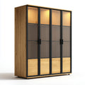 Armadio guardaroba 4 ante rovere naturale nero con vetro rigato rettangolare 200 x 60 x 220 cm