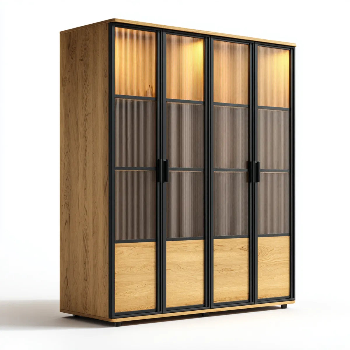 Armadio guardaroba 4 ante rovere naturale nero con vetro rigato rettangolare 200 x 60 x 220 cm