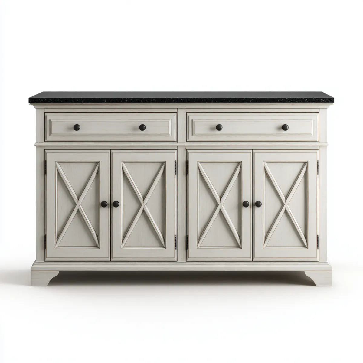 Credenza soggiorno 4 ante 2 cassetti grigio chiaro 160 x 45 x 90 cm in MDF con piano nero rettangolare