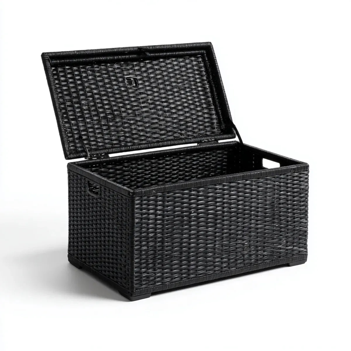 Baule contenitore nero 70 x 40 x 50 cm in polietilene intrecciato rettangolare con coperchio