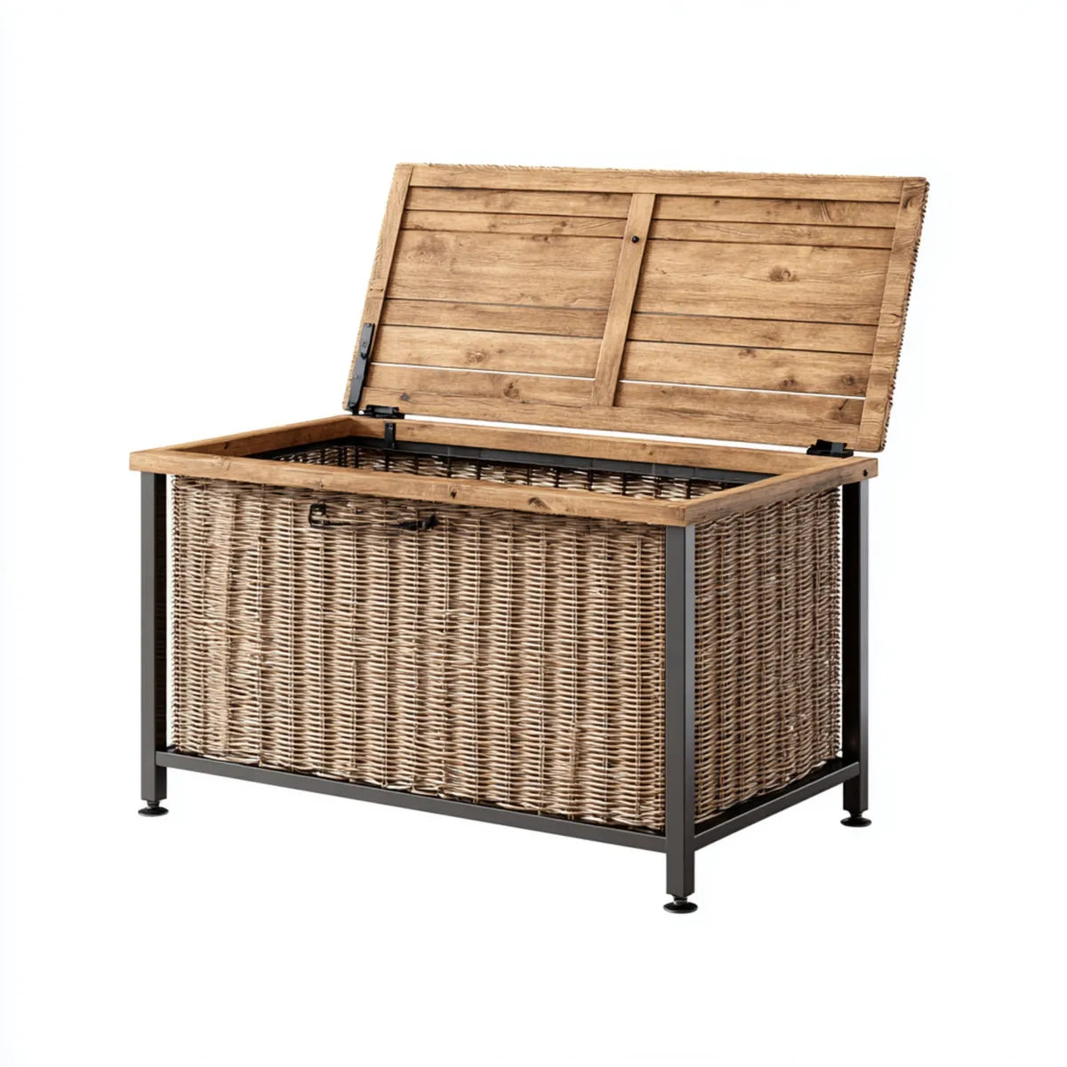 Cassapanca contenitore da giardino naturale e nera 120 x 63 x 63 cm in acacia massello rattan PE e acciaio rettangolare