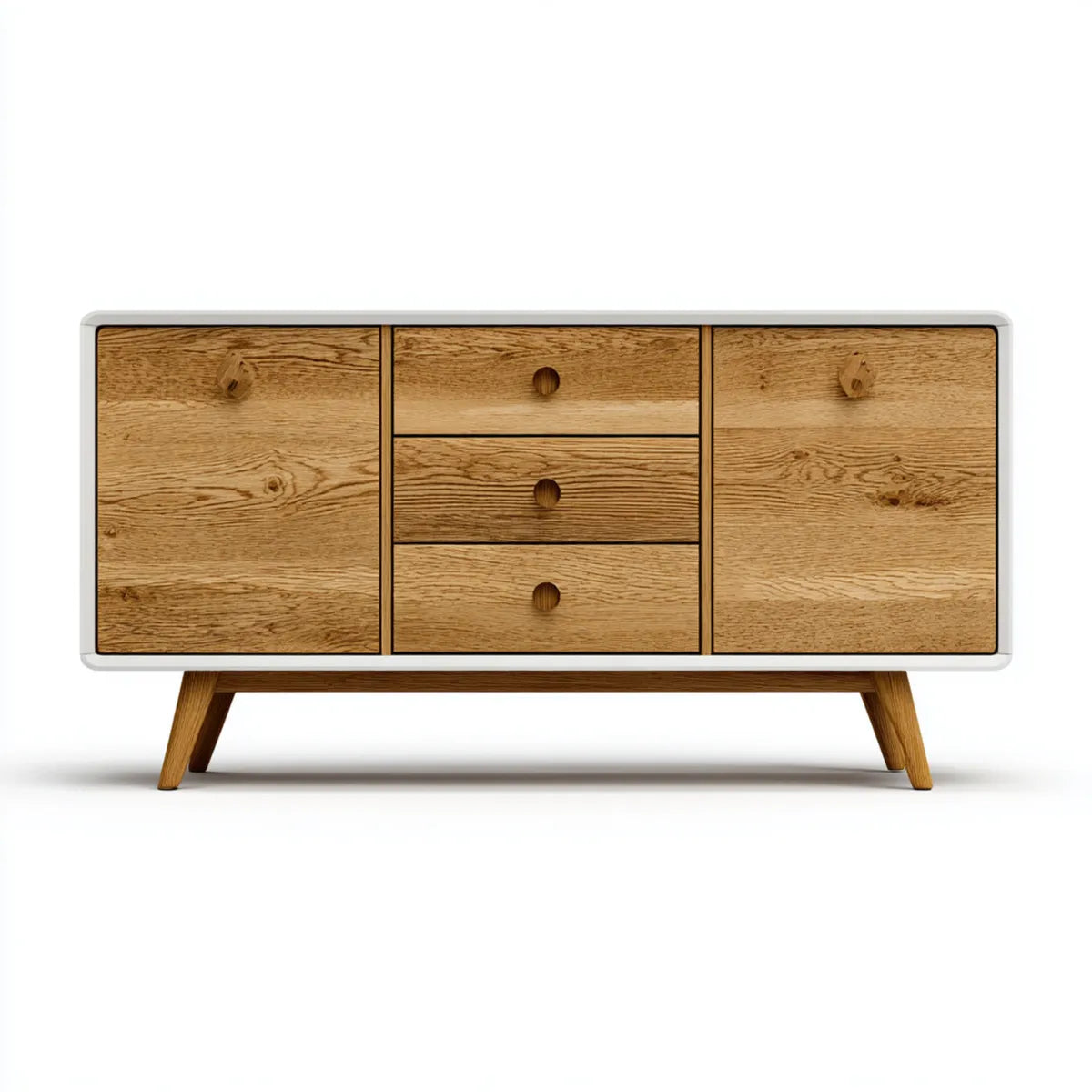 Credenza soggiorno 2 ante 3 cassetti rovere naturale e bianco 140 x 40 x 80 cm in MDF e impiallacciatura di rovere rettangolare